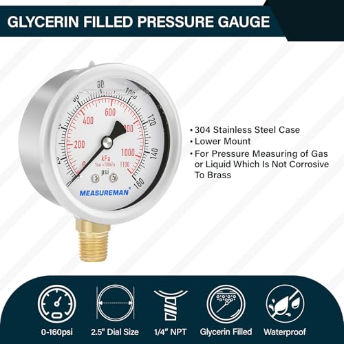 2-1/2inch Dial Size, Oil Filled Pressure Gauge, 0-160psi/kpa, 304 Stainless Steel Case, 1/4inchNPT Lower Mount