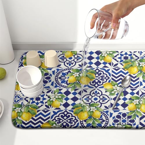 Lemon and Blue Tile Dish Drying Mat 16x18 Inch Absorbent Reversible Mexican Tilt Drying Mat Blue White Italy Lemons Dish Drying Rack Mat Summer Themed Dish Drainer Mat for Kitchen Counter Coffee Bar