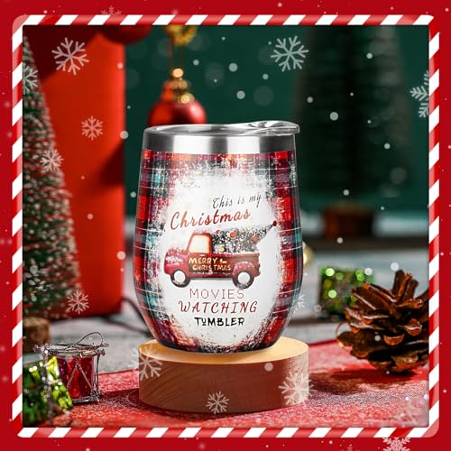 Christmas Wine Tumbler 12 oz Christmas Stainless Steel Wine Glass with Lid and Straw Stemless Double Wall Insulated Wine Cups Keeping Cold & Hot for Holiday Xmas Wedding Party Gifts