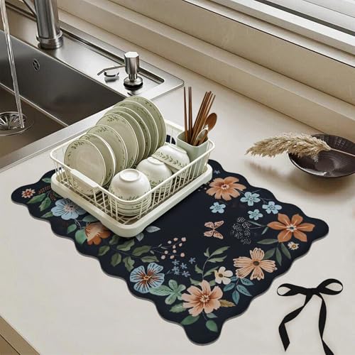 Scalloped Bohemian Coffee Bar Mat Dish Drying Mats for Kitchen Counter