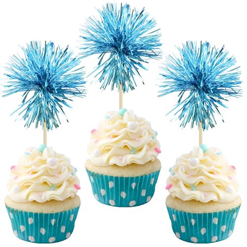 30Pcs Foil Firework Cupcake Toppers Sparkle Tinsel Cake Toppers Tinsel Drink Cake Decoration Cocktail Picks for Birthday Wedding Graduation Party Supplies Lake Blue (30 Count)