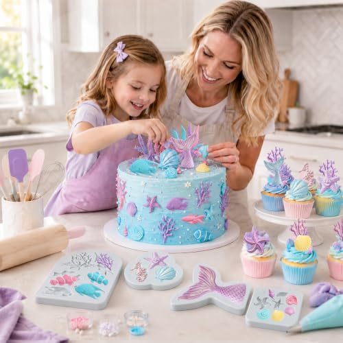 Mermaid Theme Cake Fondant Mold 4PCS Marine Silicone Mold (4 Count)