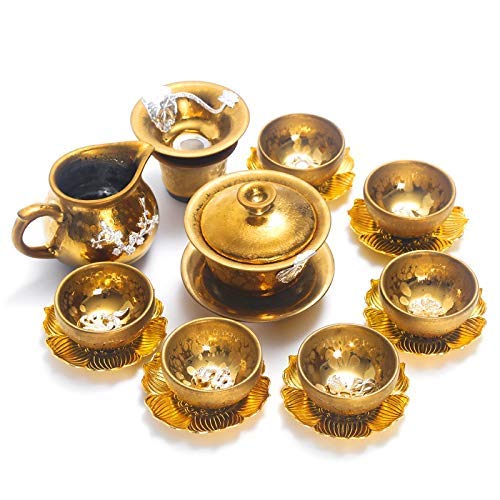 Silver 9pcs Inlaid Silver Tea Set Kung Fu Ceramic Household Sterling Silver Tea Cup Lid Bowl Teapot for Gift