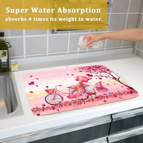 Pink Heart Valentine's Day Gnomes Dish Drying Mat for Kitchen Counter