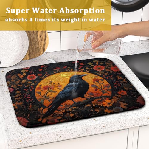 Vintage Crow Dish Drying Mat 16"x18" Gothic Black Raven Boho Flowers Dish Drainer Mats Rustic Halloween Farmhouse Reversible Small Dish Drying Pad Protector for Kitchen Countertop Decor