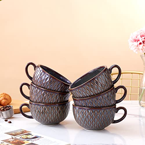 Set of 6 Cups Vintage Design 12 oz Professional Barista Ceramic Latte Art Cappuccino Cups Set (6 Count)
