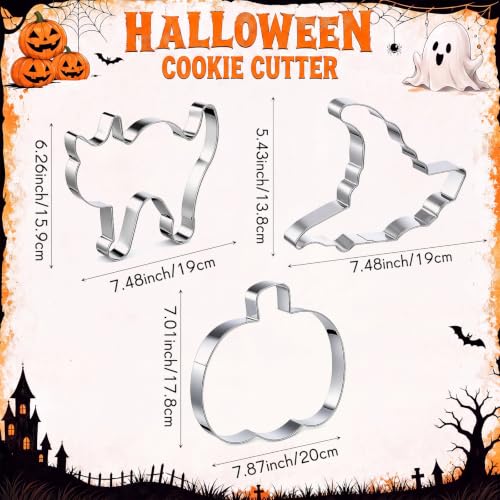 3 Pcs 7.5 Inch Large Halloween Cookie Cutters Set Extra Large Pumpkin Witch's Hat Cat Shapes Stainless Steel Metal Giant Cookie Cutters Molds for Halloween Day Baking Party Kitchen Accessory (3 Count)