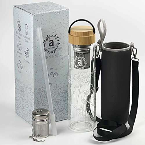 32oz Borosilicate Glass Water Bottle with Bamboo Lid and 2 Tea Infuser Sets for Fruit Infused Water and Cold Brew Coffee