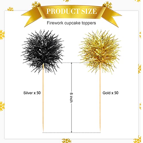100 Pcs Foil Firework Cupcake Toppers Black and Gold Sparkle Tinsel Cake Toppers New Year Cake Decoration Cocktail Fruit Toothpick for Birthday Wedding Graduation Party