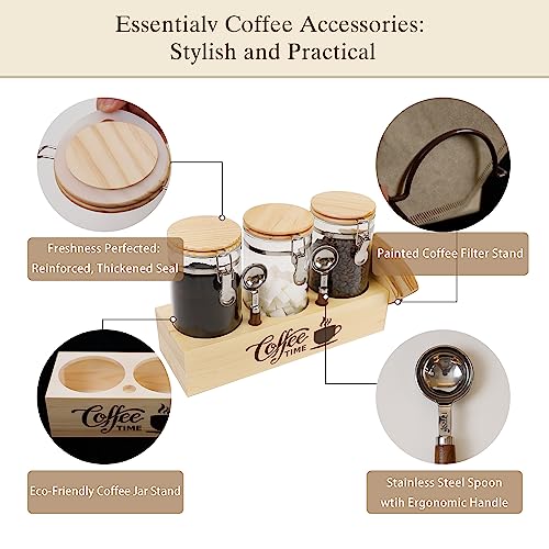 Glass Coffee Canister Set with Shelf & Spoons