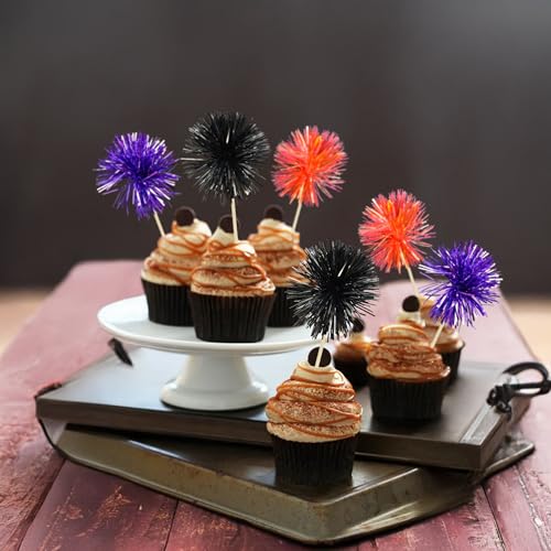 30Pcs Foil Firework Cupcake Toppers Sparkle Tinsel Cake Toppers Tinsel Drink Cake Decoration Cocktail Picks for Halloween Birthday Wedding Graduation Party Supplies Purple Black Orange (30 Count)