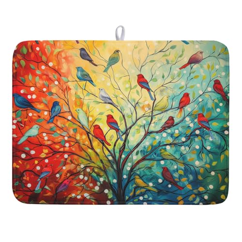 Dish Drying Mat for Kitchen Counter 18x24 Inch Summer Floral Birds Kitchen Drying Mat Fast Dry Absorbent Microfiber Dish Drainer Rack Pad Flower Mat for Countertop Decor
