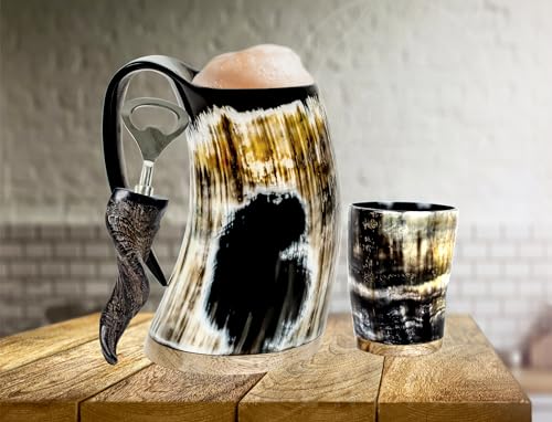 Viking Horn Mug 16oz set with Shot Glass Bottle Opener