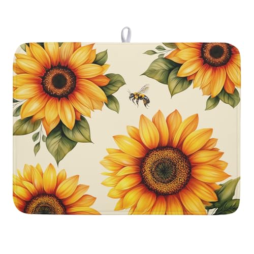 Sunflower Dish Drying Mat 18x24 Inch Absorbent Reversible Summer Drying Mat Sunflower Bee Dish Drying Rack Mat Yellow Summer Themed Dish Drainer Mat for Kitchen Counter Coffee Bar