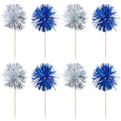 30Pcs Foil Firework Cupcake Toppers Sparkle Tinsel Cake Toppers Tinsel Drink Cake Decoration Cocktail Picks for Birthday Wedding Graduation Party Supplies Silver Dark Blue (30 Count)