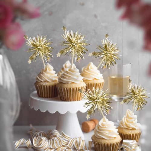 30Pcs Foil Firework Cupcake Toppers Sparkle Tinsel Cake Toppers Tinsel Drink Cake Decoration Cocktail Picks for Halloween Birthday Wedding Graduation Party Supplies Light Gold Star (30 Count)
