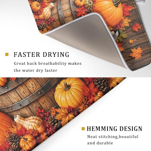 Autumn Dish Drying Mat for Kitchen Countertop Fall Pumpkin Maple Leaf Birds Dish Drainer Mats 18x24inch Rustic Wood Board Grain Dish Drying Rack Pad Protector for Dining Seasonal Decor