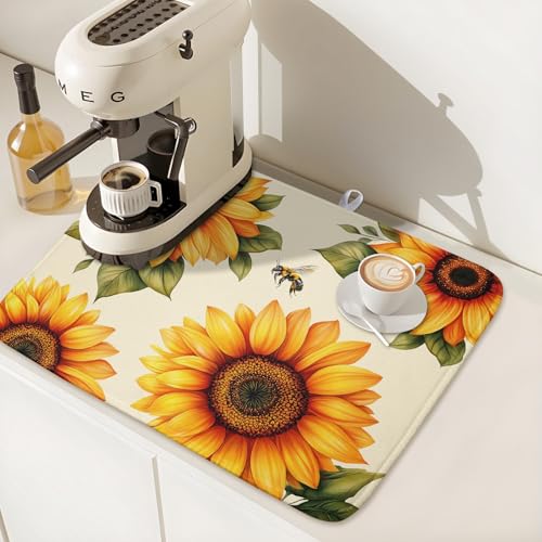 Sunflower Dish Drying Mat 16x18 Inch Absorbent Reversible Summer Drying Mat Sunflower Bee Dish Drying Rack Mat Yellow Summer Themed Dish Drainer Mat for Kitchen Counter Coffee Bar