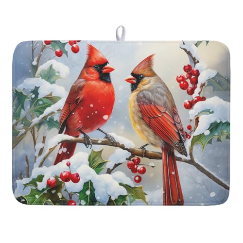 Winter Cardinal Birds Dish Drying Mat