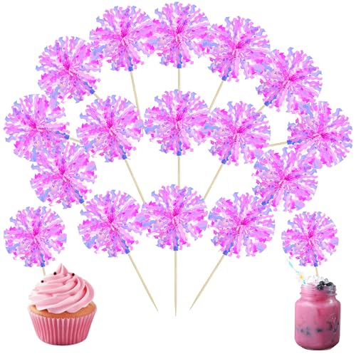 30Pcs Foil Firework Cupcake Toppers Happy Birthday Cake Toppers Tinsel Flower Drink Stirrers Cocktail Food Fruit Toothpicks for Valentine's Day Party Decorations Rose Red (30 Count)