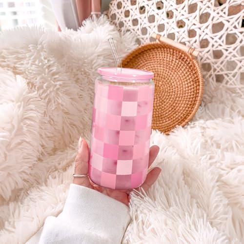 Checker 16 Oz Can Glass Tumbler with Acrylic Lid and Straw