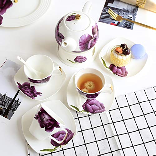 Bone China Tea Set Serving European Floral Tea Set Coffee Set with Heating Tea Stove and Coffee Spoon Teapot Tea Cup Saucer Gift Giving and Family Wedding