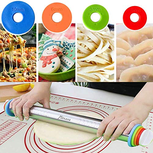 Rolling Pin and Silicone Pastry Mat Set with Adjustable Thickness Rings (2 Count)
