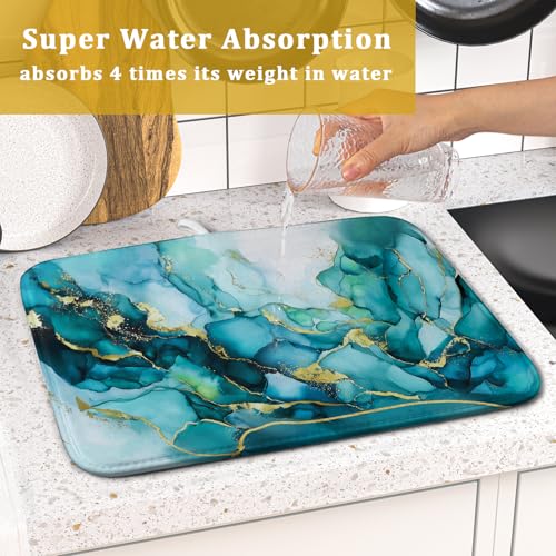 Teal Marble Dish Drying Mat Turquoise Blue Marbling Print Dish Drainer Mats 16"x18" Modern Granite Microfiber Reversible Dish Drying Rack Pad Protector for Kitchen Countertop Decor