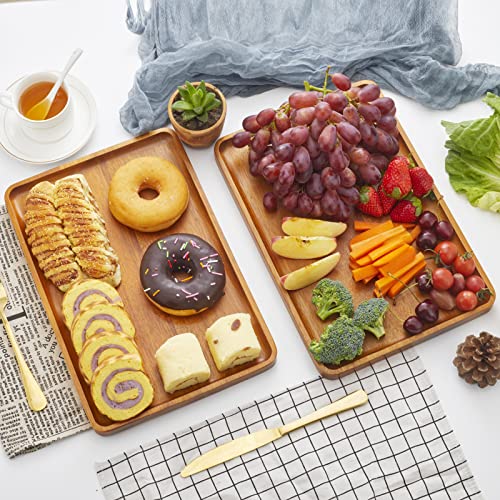2 PCS 13 x 9 in Solid Acacia Wood Serving Trays Rectangular Wooden Serving Platters Natural Wooden Boards for Bar Coffee Party (2 Count)
