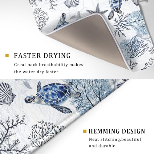 18"x24" Coastal Sea Turtles Dish Drying Mat Nautical Ocean Tortoise Coral Starfish Dish Drainer Mats for Kitchen Microfiber Reversible Dish Drying Rack Pad for Countertop Tabletop Decor