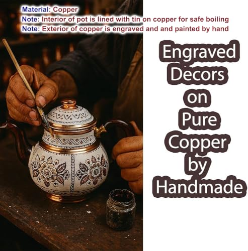 Handmade Copper Turkish Teapot Tea Kettle Pots Set for Stove Top Stovetop Decorative Infuser Vintage Antique Arabic Farmhouse Tray Cups Serving Party Moroccan Decor Style Persian Kitchen Fancy Gift (2 Count)
