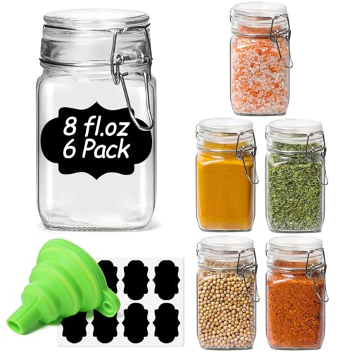 Square Glass Spice Jars 8 oz 6 Pack with Labels and Funnel Set (6 Count)