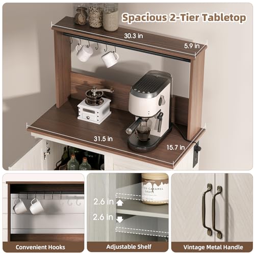 Farmhouse Coffee Bar Cabinet with Storage and Charging