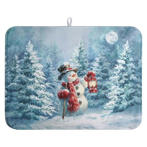 Winter Blue Snowman Dish Drying Mat Christmas Pine Tree Large Kitchen Mats Dish Drying Pad Xmas Absorbent Dish Dryer Mat for Kitchen Countertops Microfiber Drainer Pad Dish Drying Mats