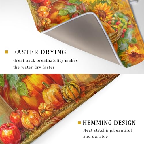 Vintage Fall Autumn Dish Drying Mat 18"x24" Large Rustic Pumpkin Sunflower Bird Dish Drainer Mats Thanksgiving Farmhouse Reversible Dish Drying Pad for Kitchen Countertop Dining Room