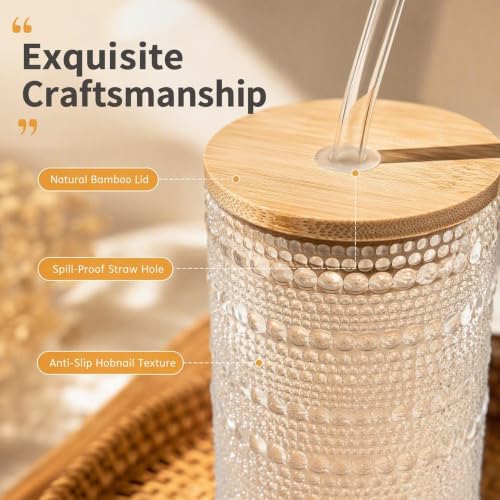 16 oz Hobnail Glass Cups with Lids and Straws Drinking Glasses of 2 (2 Count)