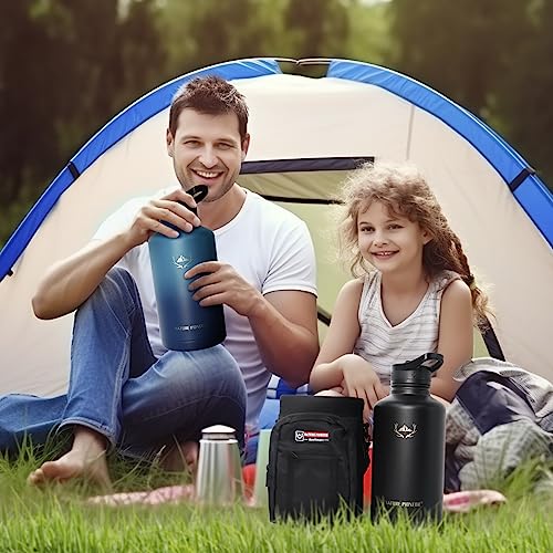 64 oz Insulated Water Bottle with Carrier Bag & 3 Lids