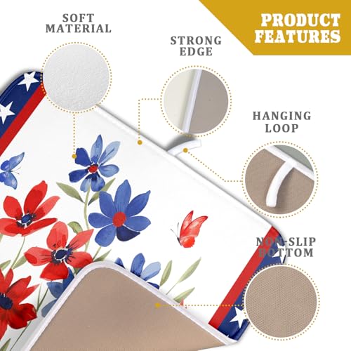 4th of July Flower Dish Drying Mat 16"x18" Independence Day Stars Dish Drainer Mats Watercolor Patriotic Floral Microfiber Dish Drying Rack Pad for Kitchen Countertop Decor