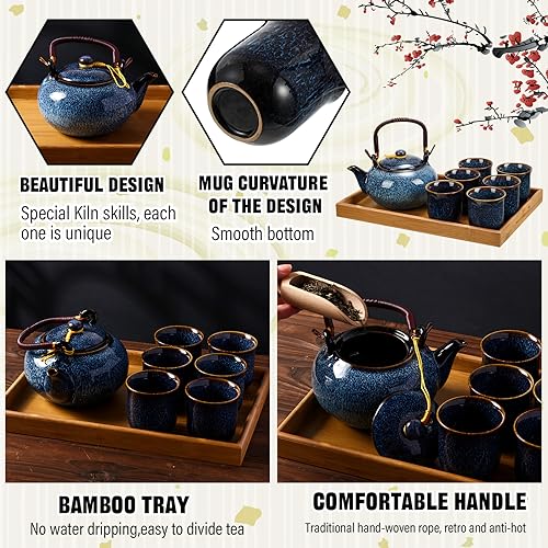 Japanese Asian Tea Set for Adults with 1 Teapot 6 Cups 1 Tray