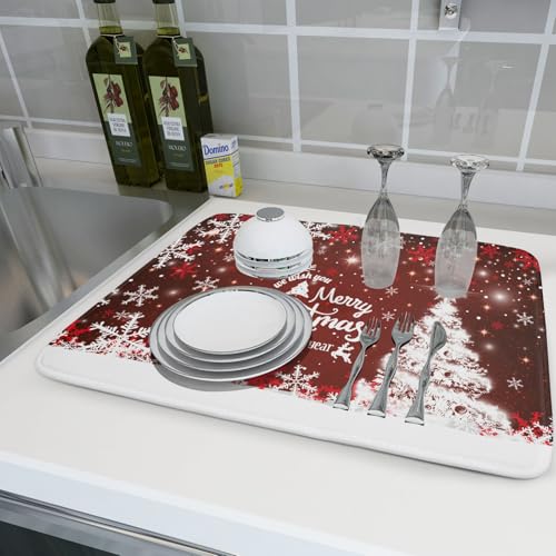 Happy New Year Red Dish Drying Mat for Kitchen Counter