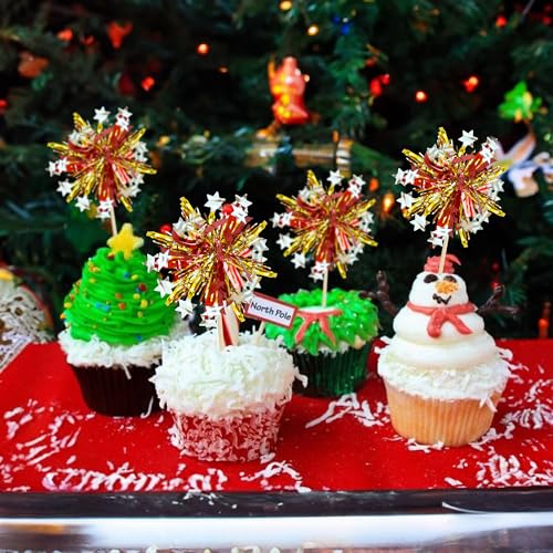 30Pcs Foil Firework Cupcake Toppers Sparkle Tinsel Cupcake Picks Happy Birthday Cake Decorations Drink Stirrers Cocktail Food Fruit Toothpicks for Baby Shower Graduation Party Supplies Gold Red (30 Count)