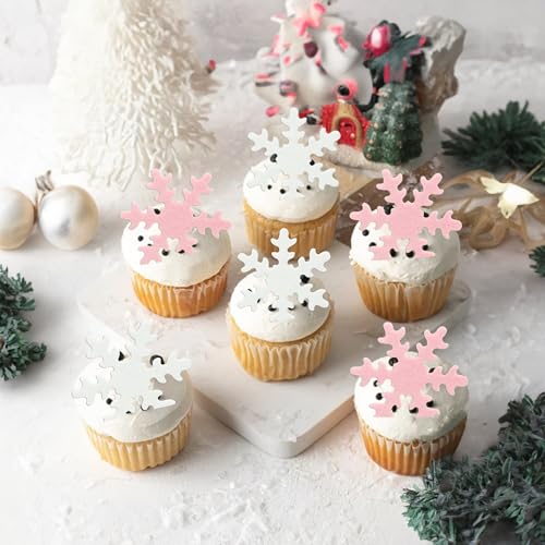 50Pcs Pink Edible Cupcake Cake Toppers Snowflake Cake Decorations for Christmas Winter Frozen Theme Party Supply Decoration Pink White (50 Count)