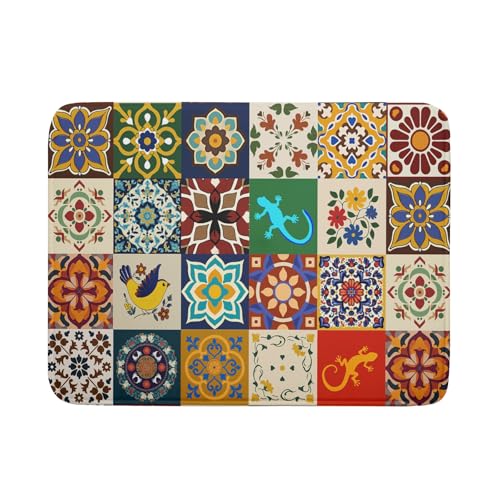 Mexican Tile Dish Drying Mat 18"x24" Talavera Boho Floral Print Dish Drainer Mats Rustic Ethnic Traditional Reversible Large Dish Drying Pad Protector for Kitchen Countertop Decor