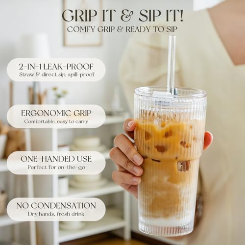 20oz Ribbed Glass Tumblers with Lids and Straws