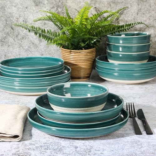Clarina 16 Piece Double Bowl Stoneware Reactive Glaze Round Plates and Bowls Dinnerware Set