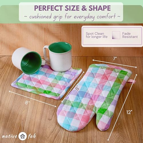 4 Piece Set Gingham Check 2 Oven Mitts & 2 Potholders (4 Count)