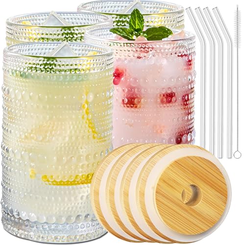 4 Pcs Iced Coffee Glasses Cups with Bamboo Lids and Straws (4 Count)