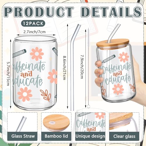 12 Sets End of Year Teacher Gifts Bulk Teacher Appreciate Glass Cups with Lids and Straws 16 oz Iced Coffee Cup Cute Thank You Gift for Daycare Preschool Kindergarten Back to School (12 Count)