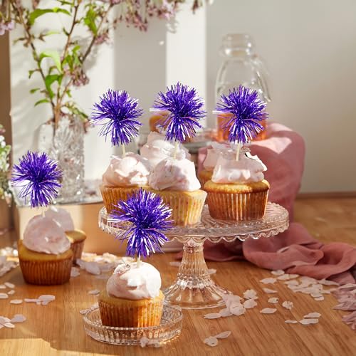 30Pcs Foil Firework Cupcake Toppers Sparkle Tinsel Cake Toppers Tinsel Drink Cake Decoration Cocktail Picks for Birthday Wedding Graduation Party Supplies Dark Purple (30 Count)