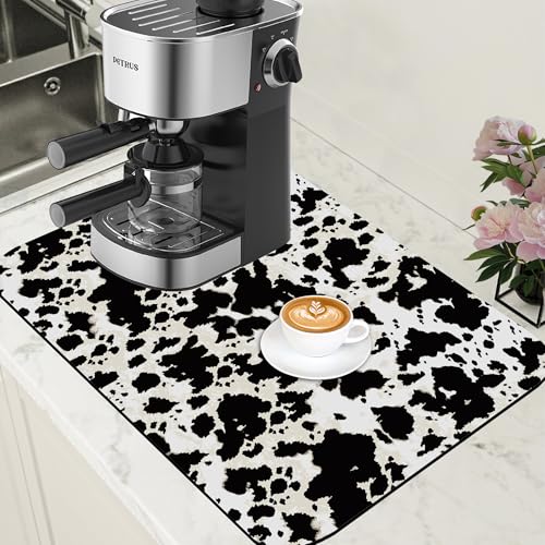 Dish Drying Mat Cow Print Coffee Bar Mat for Countertop Absorbent Drying Rack Pad Hide Stain Rubber Backed Dish Drainer Rack Pad Espresso Machine Dining Room Decoration 15.7 x 23.6 Inch